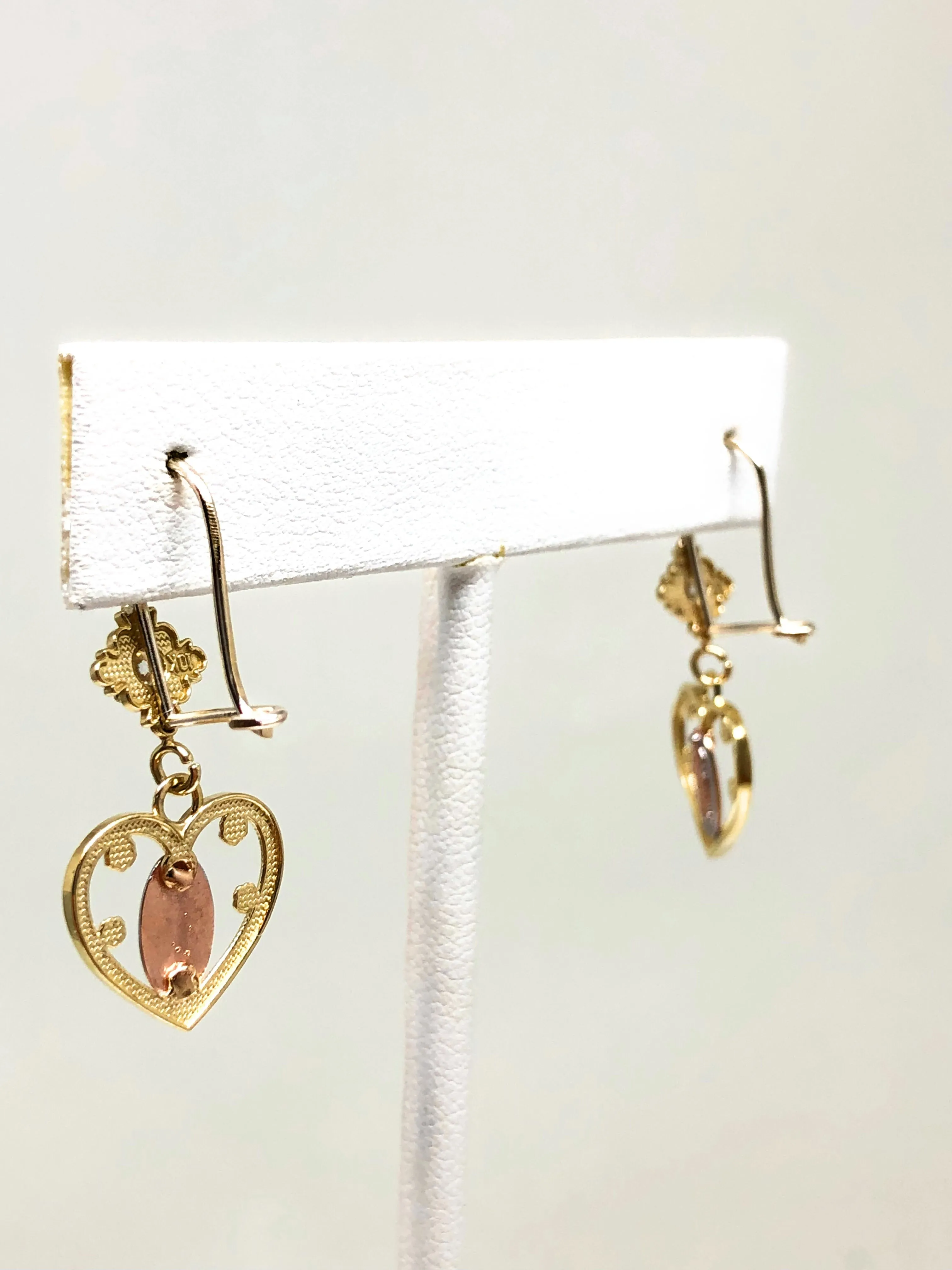 10k Solid Gold Yellow Tri-Color Virrgin Mary Heart Dangle Earrings