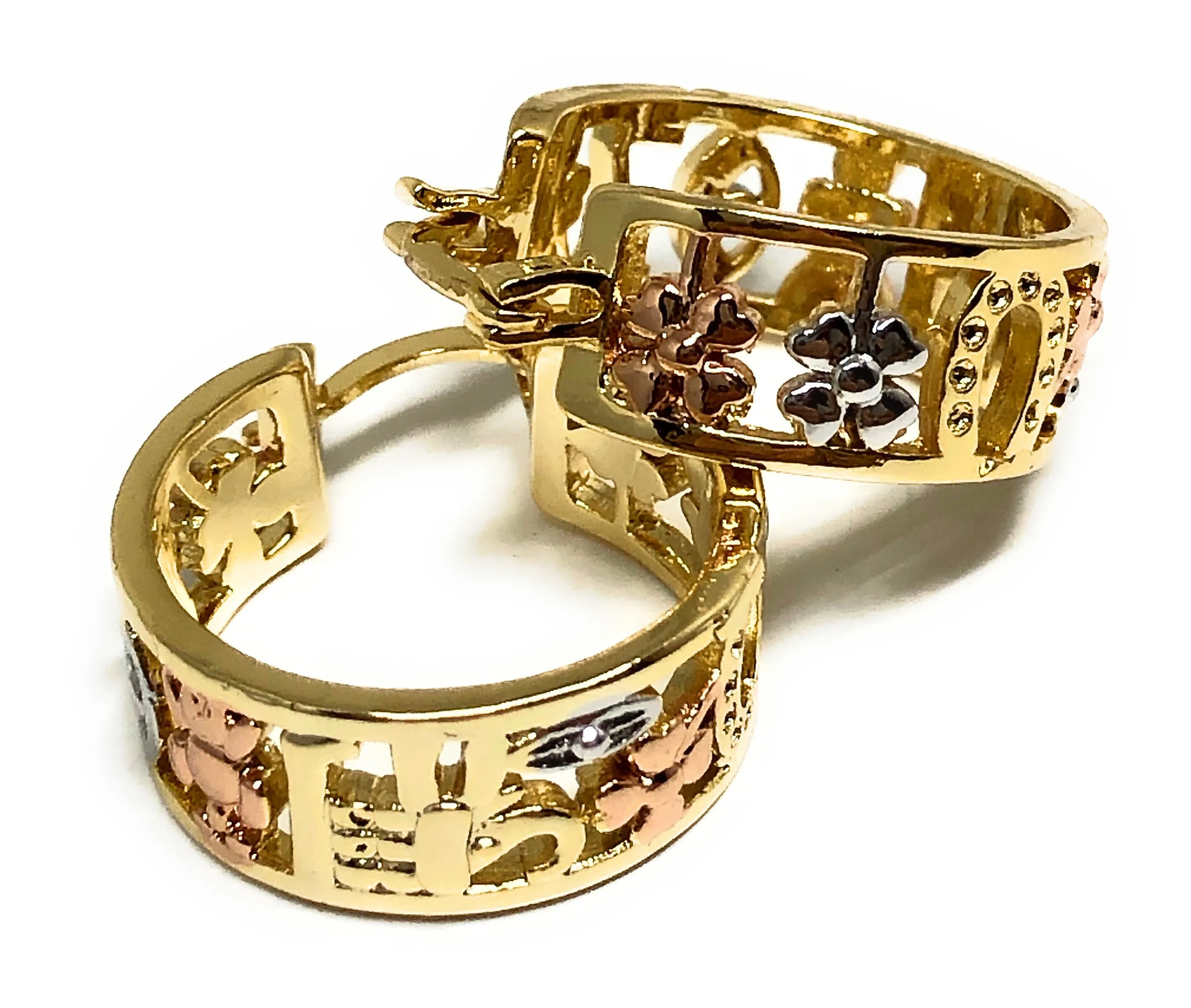 Gold Plated Tri-Color Lucky Symbols Hoop Earrings Aretes Arracada Suerte Tres Colores