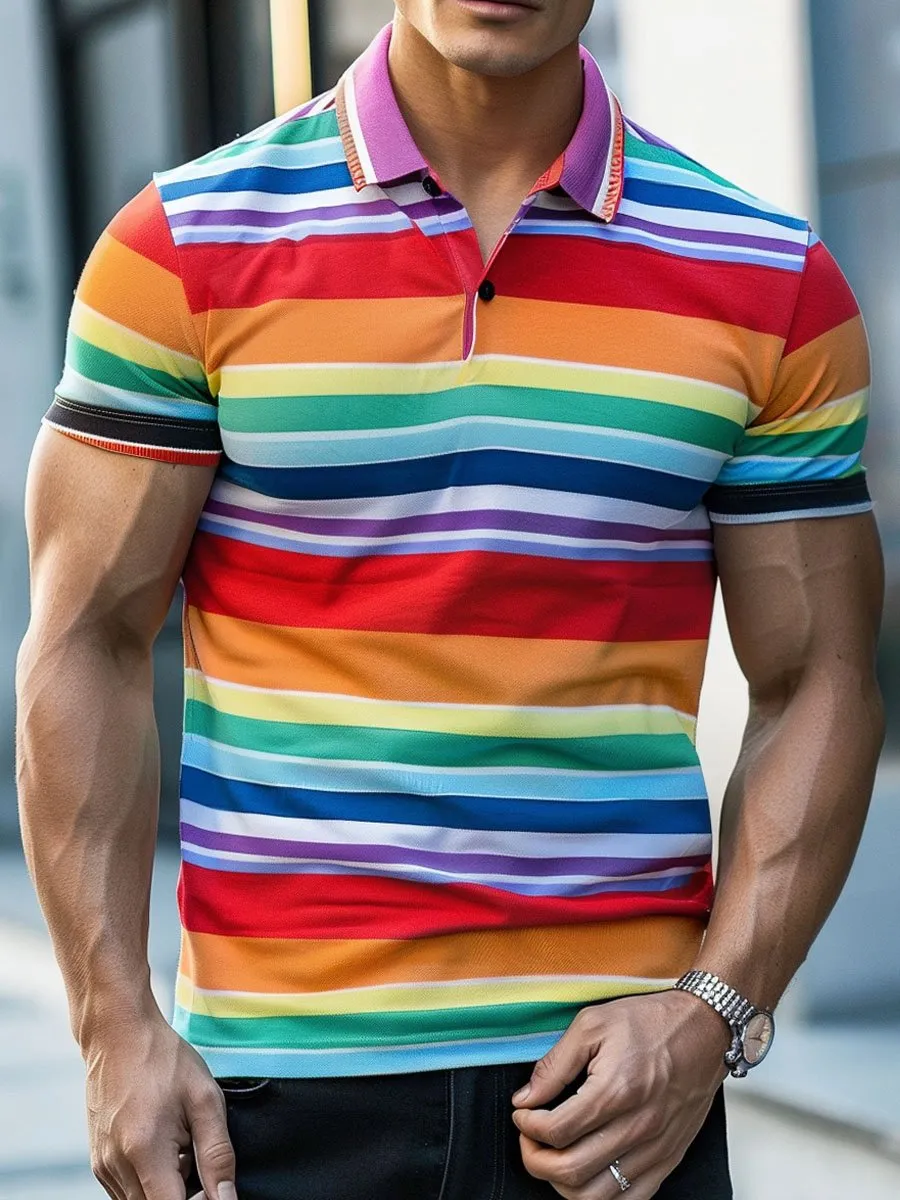 Men's Rainbow Stripe Print Polo Shirt