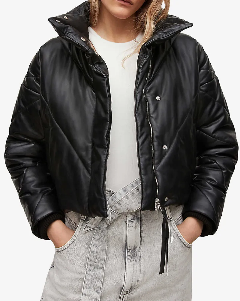 Miyla Cropped Leather Bomber Jacket - The Puffer Jackets