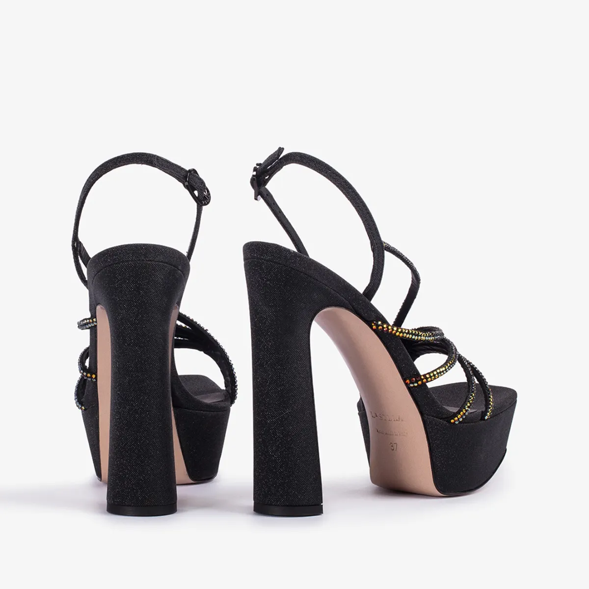SCARLET SANDAL 140 mm Black glitter platform sandal with iridescent Crystals