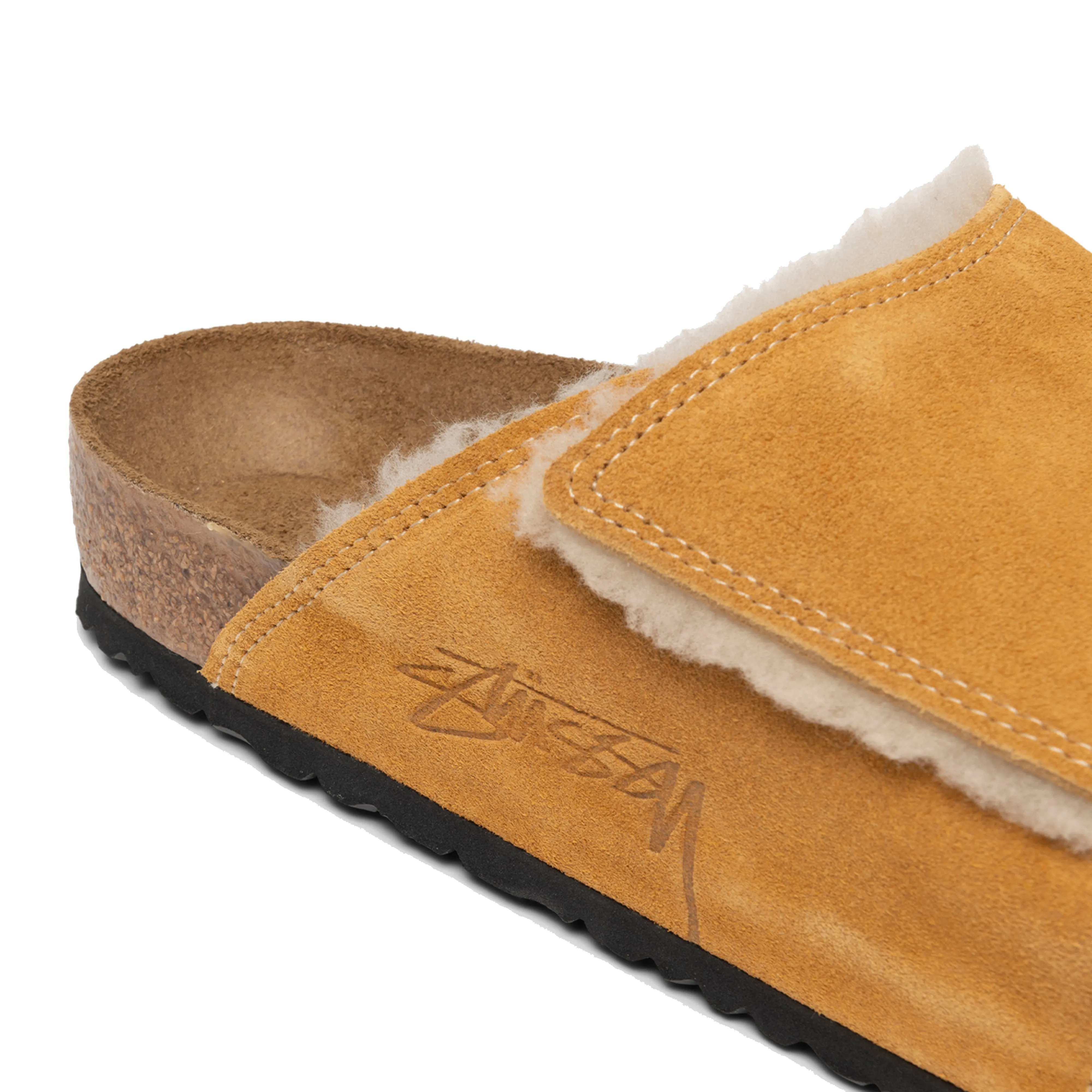 Stüssy  Birkenstock Suede Shearling Slide Caramel 
