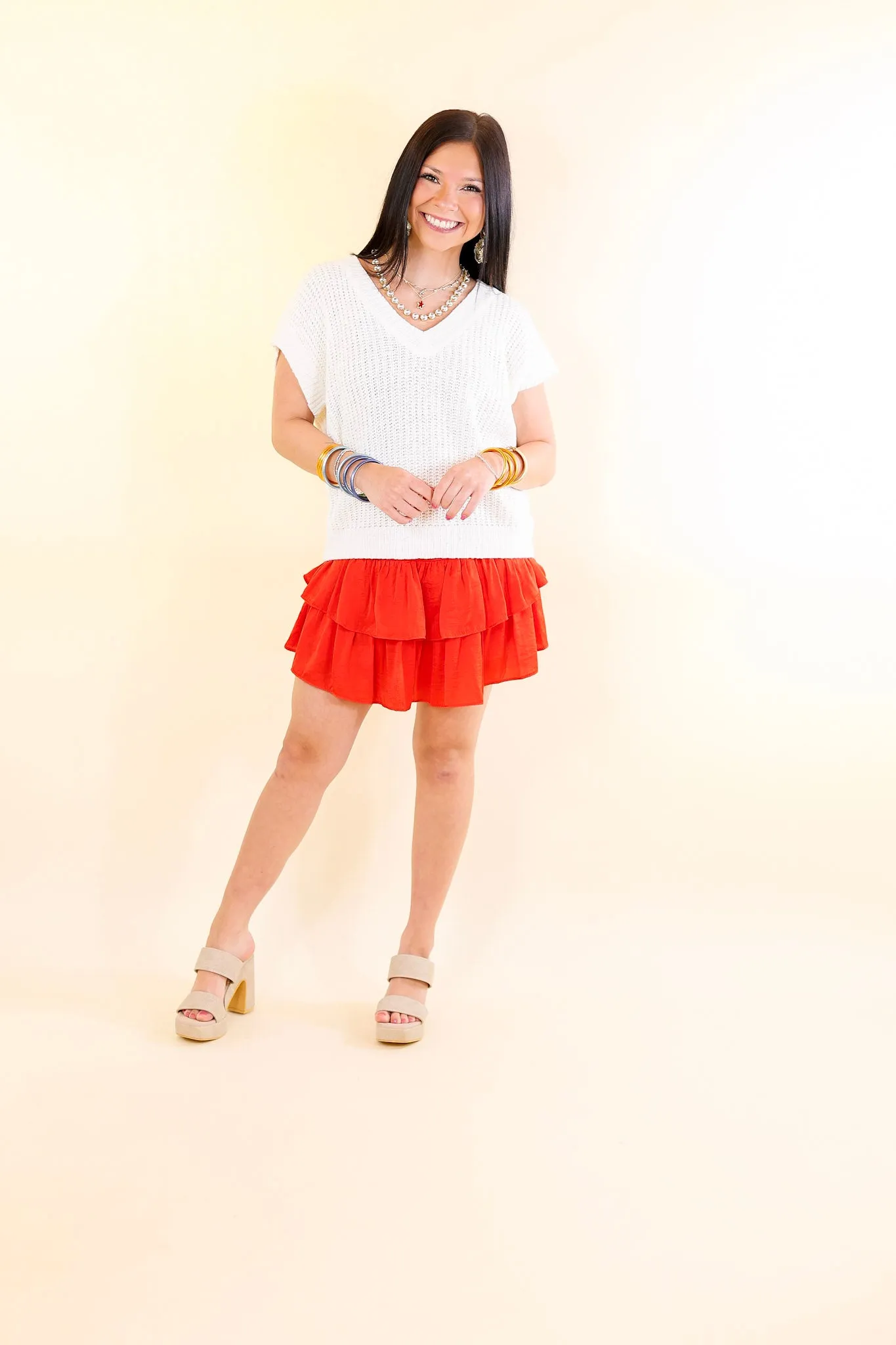Summer Days Short Sleeve V Neck Sweater in Off White